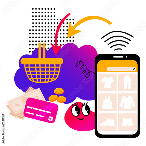 Doodles. Consumer basket. Choice products online. Ordering clothes, paying for purchase with credit card on the website.  Internet shopping at computer.  Abstract cute geometric elements. Vector