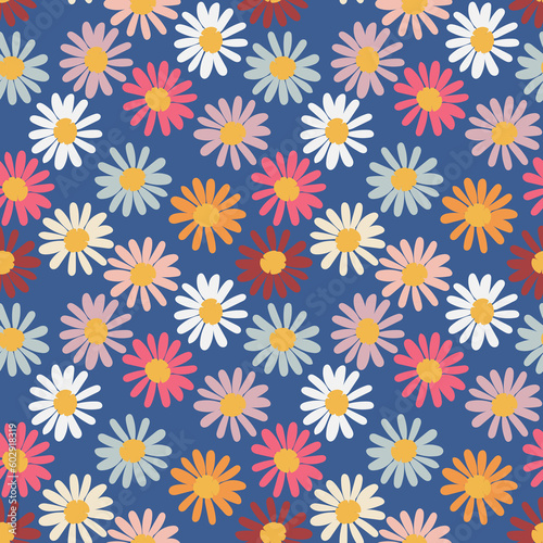 Seamless daisies pattern, Garden endless print, Summer blossom background, Flower wallpaper, Groovy daisy backdrop, Trendy floral design
