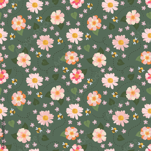 Seamless flowers and bees pattern, Summer repeat design, Floral garden background, Flower carpet endless print, Pink flowers and busy bees wallpaper