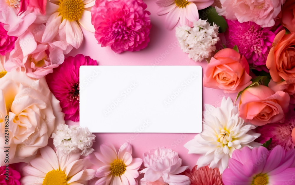 Fototapeta premium A blank white card surrounded by vibrant summer flowers, copy space, greeting card. Shallow depth of field, Illustrative Generative AI.