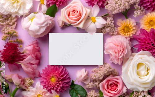 A blank white card surrounded by vibrant summer flowers, copy space, greeting card. Shallow depth of field, Illustrative Generative AI.