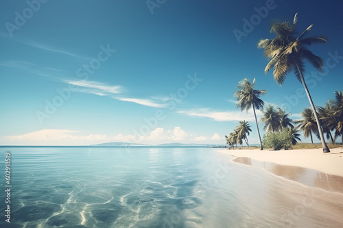 calm quiet summer sea beach wide ocean view with high palm , generative AI © Iryna