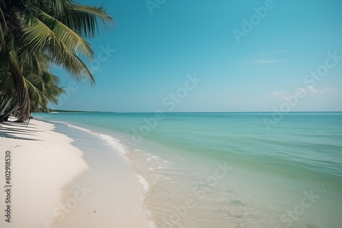 calm quiet summer sea beach wide ocean view with high palm , generative AI © Iryna