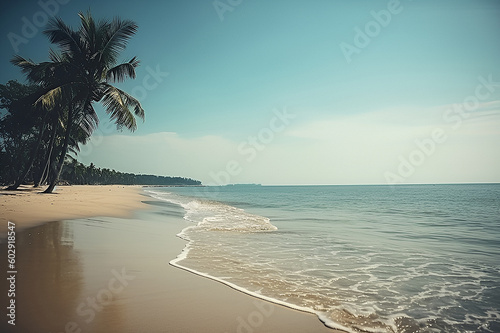 calm quiet summer sea beach wide ocean view with high palm , generative AI