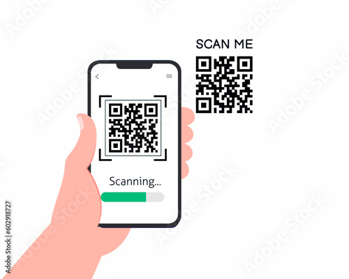 hand with phone scanning qr code for online payment Barcode scanner technology. Flat vector  design.