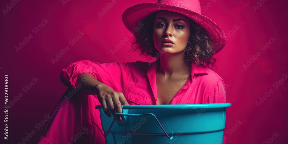 A girl in a pink as doll sits in a pink bucket on a pink background, art shooting. Surreal fashion photography. Pop art girl in pink. Generative AI A girl in a pink as doll sits in a pink bucket on a pink background, art shooting. Surreal fashion photography. Pop art girl in pink. Generative AI