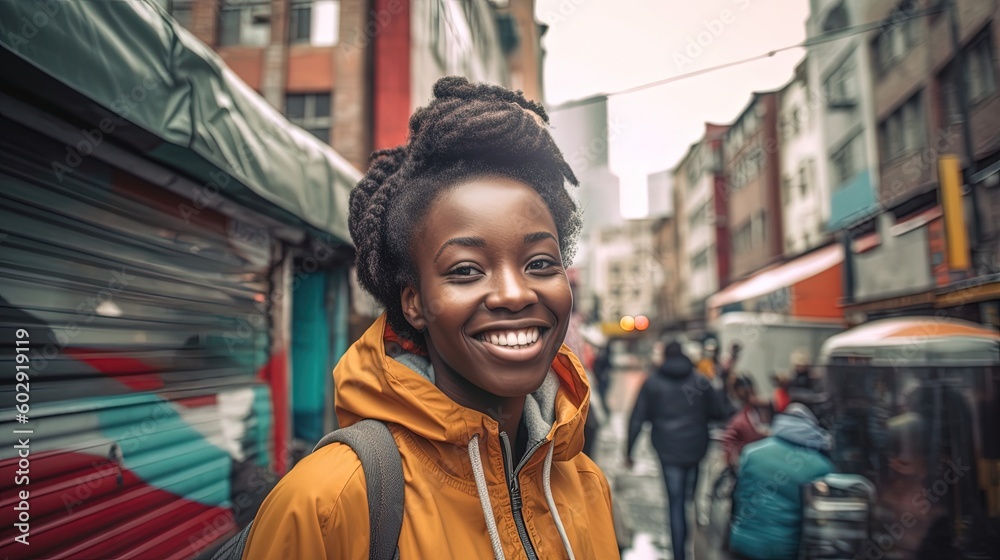 Portrait of beautiful african american woman. Outdoor portrait of a smiling black girl. Happy cheerful girl laughing in city. Generative AI Portrait of beautiful african american woman. Outdoor portrait of a smiling black girl. Happy cheerful girl laughing in city. Generative AI