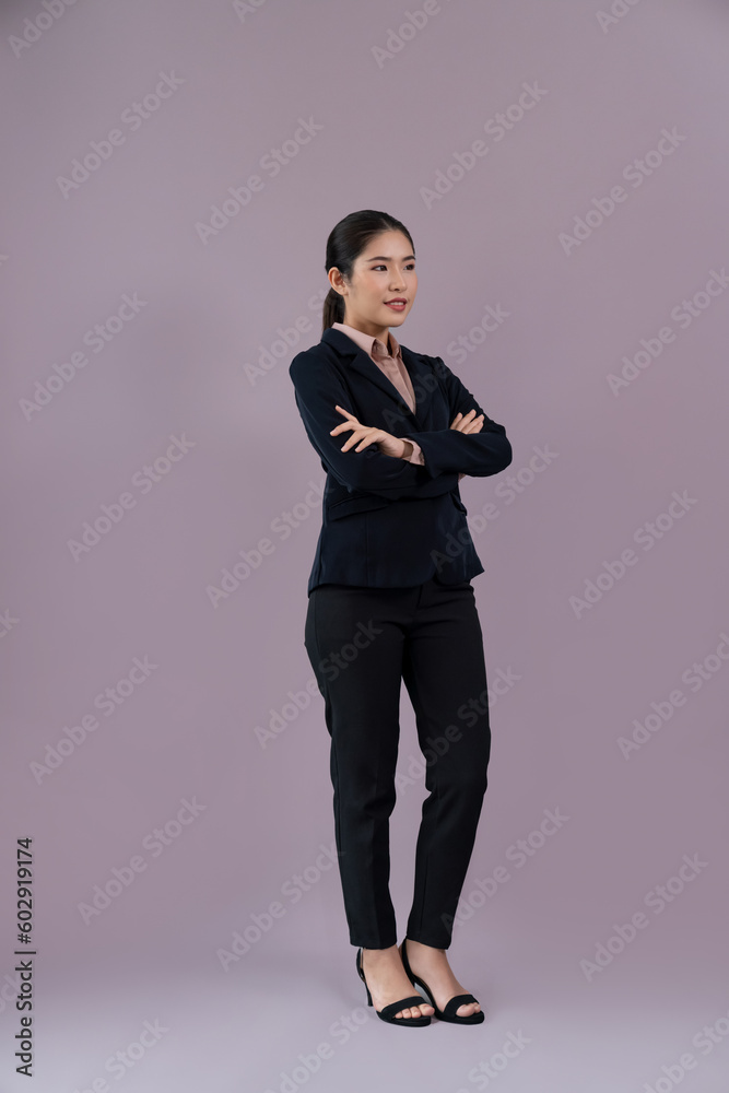 Φωτογραφία Full body length image of confident young businesswoman stands on isolated background, posing in formal black suit