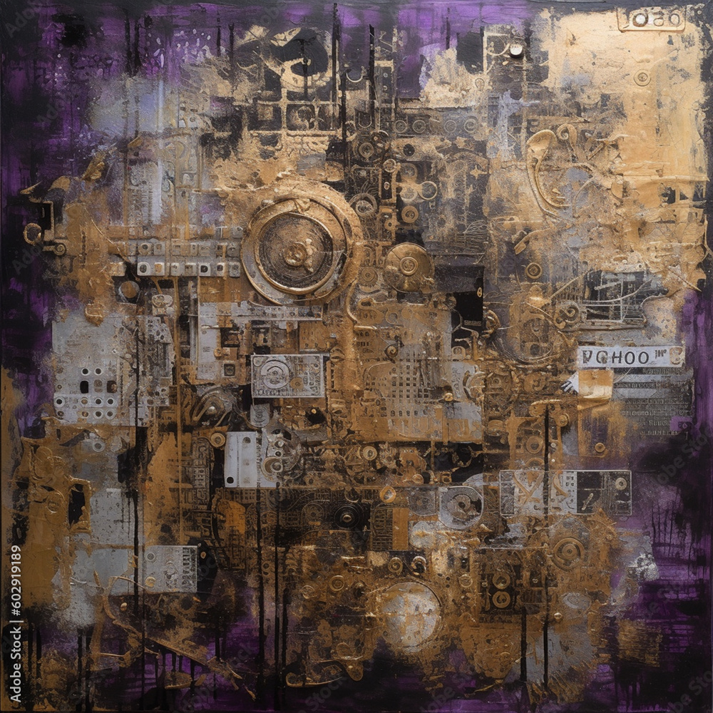 Layers of Time and Texture A Captivating Industrial Chic Artwork with Collages and Paint on a Large Canvas in Purple and Sepia AI generated