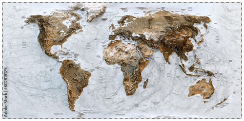 3D World map of the Earth with exaggerated topographic relief and countries names and boundaries. High detailed global world physical map. Planet map with continents, countries borders, water objects