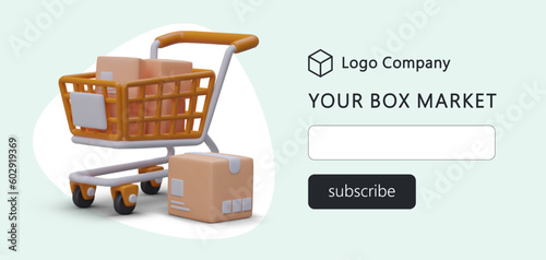 Horizontal web page with orange realistic 3d shopping cart full of parcels. Box market store with email field and subscribe button. Vector illustration with blue background