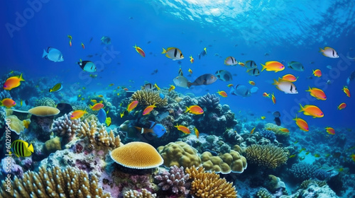 Fototapeta Naklejka Na Ścianę i Meble -  Underwater coral reef landscape with colorful fish. IA Generative