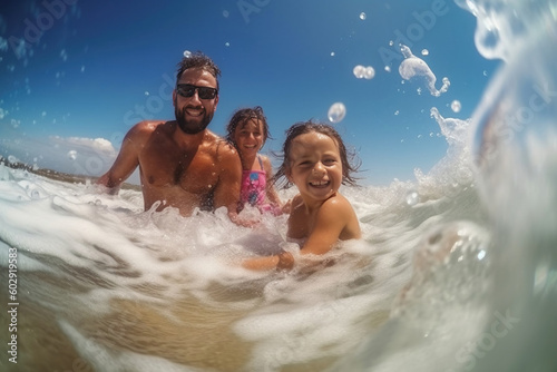 Smiling family having fun in water waves. AI Generative