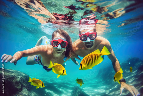 Kids in snorkeling mask dive underwater with tropical fishes in coral reef sea pool.AI Generative