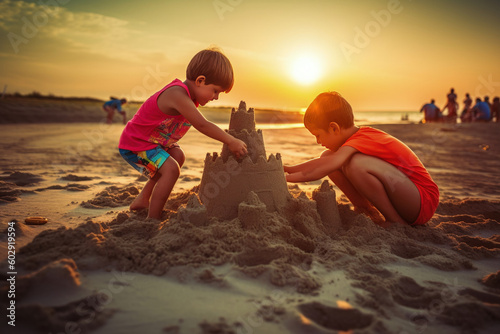 Happy kids are building a sandcastle on tropical beach in summer sunset. AI Generative