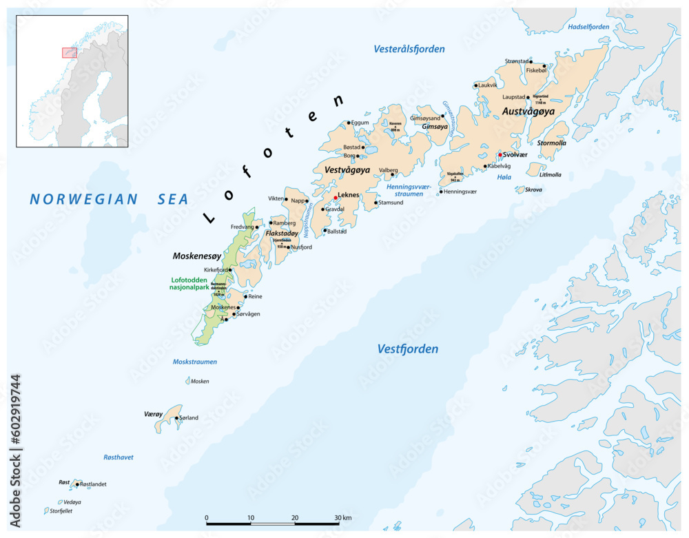 Vector map of the Norwegian archipelago Lofoten