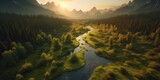 AI Generated. AI Generative.  Aerial drone top high shot photo illustration of green forest and river. Sunset adventure vibe. Graphic Art