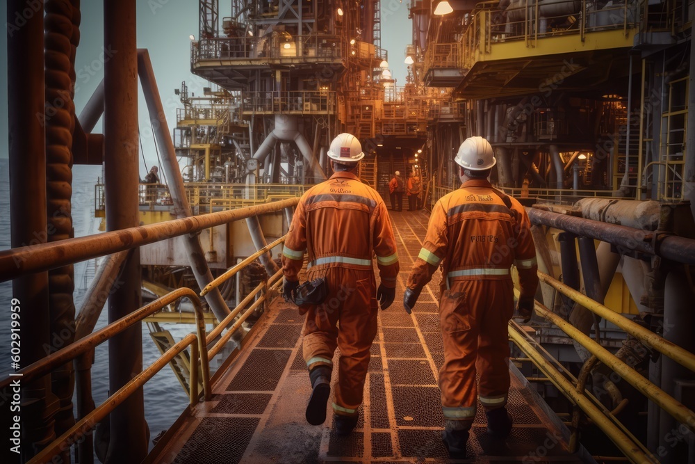 Oil rig workers offshore, made with generative ai Oil rig workers offshore, made with generative ai