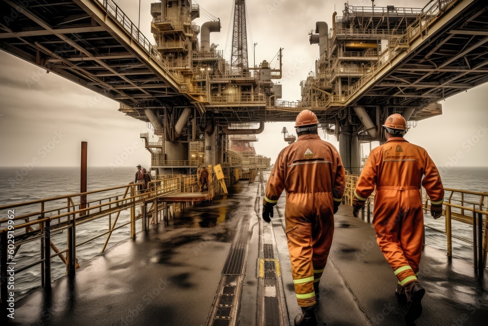 Oil rig workers offshore, made with generative ai Oil rig workers offshore, made with generative ai