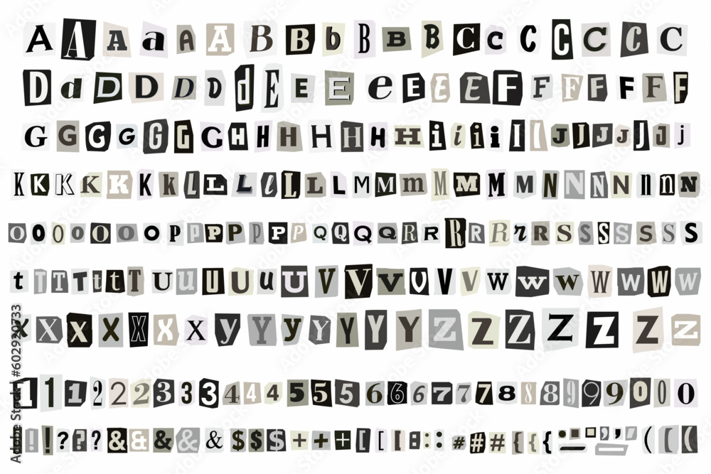 Ransom Gray Note English Font Alphabet Cut out vector Letters. Blackmail Ransom Kidnapper Anonymous Note Font. Collage style Numbers and punctuation symbols. Criminal ransom letters. - obrazy, fototapety, plakaty 