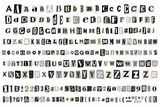 Ransom Gray Note English Font Alphabet Cut out vector Letters. Blackmail Ransom Kidnapper Anonymous Note Font. Collage style Numbers and punctuation symbols. Criminal ransom letters.