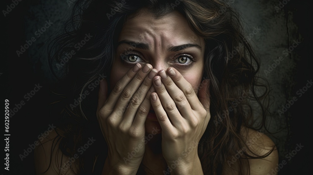 Frightened, frustrated crying girl close up covers her face with her hands. Strong emotions expressed on the face. Generative AI Frightened, frustrated crying girl close up covers her face with her hands. Strong emotions expressed on the face. Generative AI