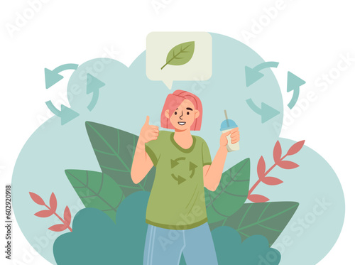 Ecology vegan woman. Young person with cocktail in her hand stands in green Tshirt made from recycled materials. Zero waste and sustainable lifestyle concept. Cartoon flat vector illustration