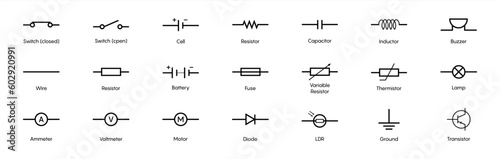 Set of electronic circuit symbols. Schematic circuit diagrams. Vector 10 eps.
