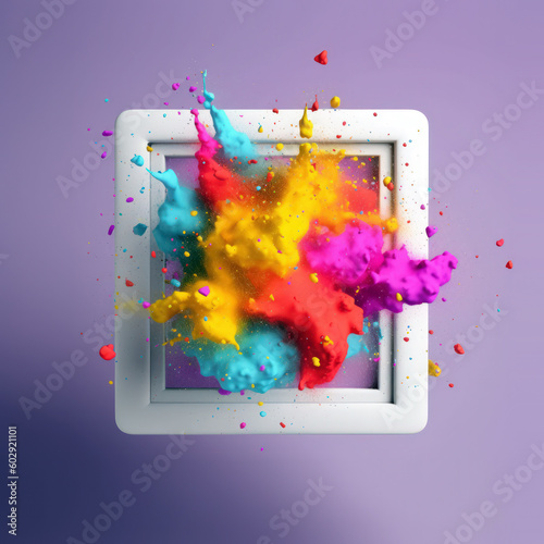 Square white frame with colorful powder paint explosion generative ai