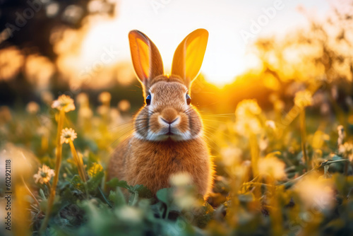 Bunny rabbit in sunset field portrait generative ai