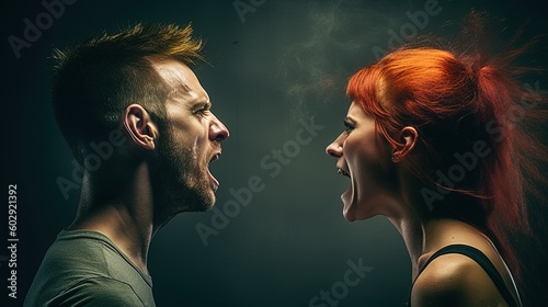 A man and a woman are screaming at each other. Family quarrel, confrontation between a man and a woman. Fight for rights. Conflict, fight, cry. Generative AI © Nadia