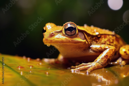 Frog tree close up on top of wet leaf generative ai