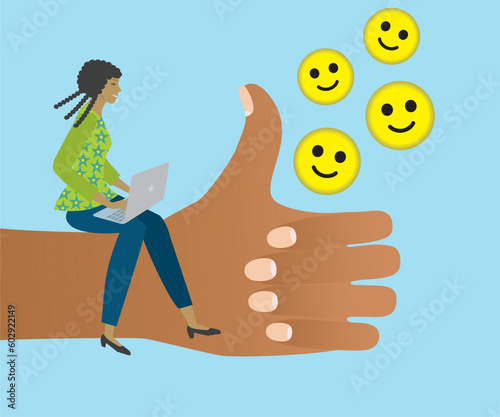 Work happiness and appreciation, or job satisfaction, passion or enjoyment working, employee wellbeing concept, happy businesswoman working with computer on thumbs up. Vector illustration