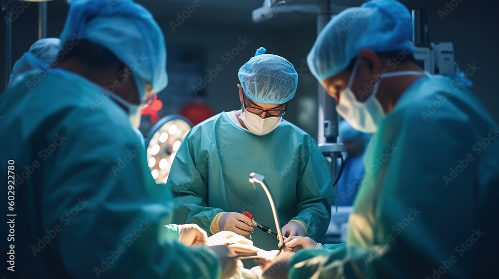 A group of surgeons operating. Medical team performing surgical operation in operating room. Modern medical background. Generative AI A group of surgeons operating. Medical team performing surgical operation in operating room. Modern medical background. Generative AI