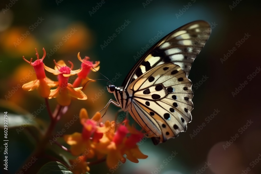 Obraz premium Butterfly on an orange flower in the garden. Selective focus, generative Ai