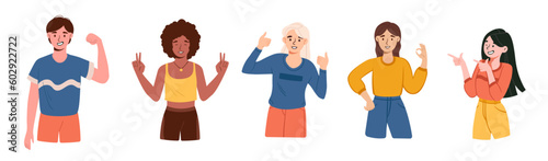 Set of people. Collection of men and woman showing gestures. Characters with emotions and facial expressions, feelings and moods. Cartoon flat vector illustrations isolated on white background