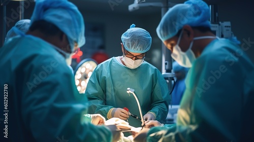 A group of surgeons operating. Medical team performing surgical operation in operating room. Modern medical background. Generative AI