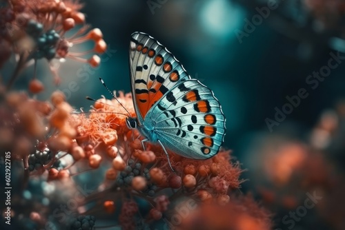 Butterfly sitting on the flower in the garden. Colourful butterfly, generative Ai