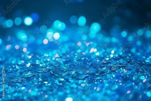 Shiny blue glitter in abstract defocused background, generated ai