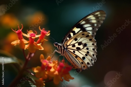 Butterfly on an orange flower in the garden. Selective focus, generative Ai