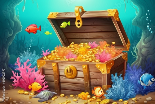 Open chest with bright gold coins on the bottom ocean, generated ai