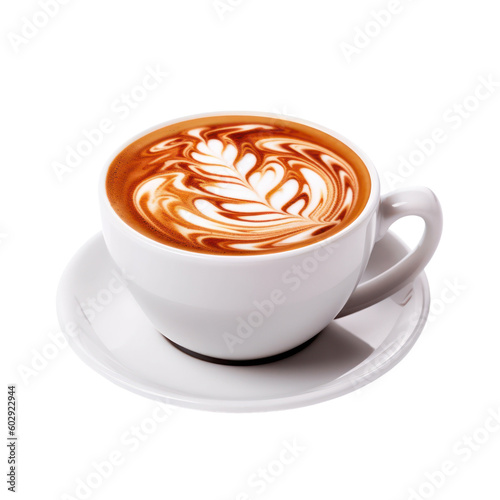 Coffee latte cup, cappuccino heart shape foam, hot beverage isolated on transparent background, above view, PNG, Generative AI