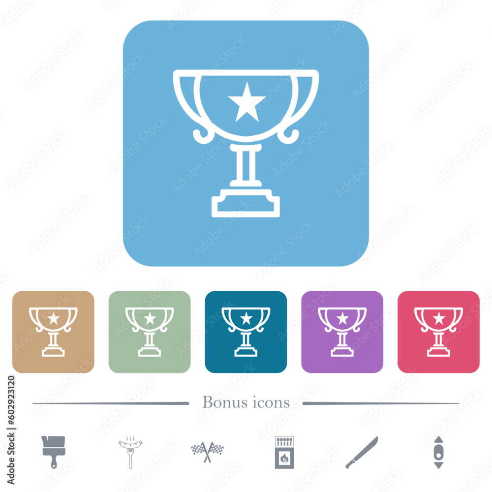 Trophy cup with star outline flat icons on color rounded square backgrounds
