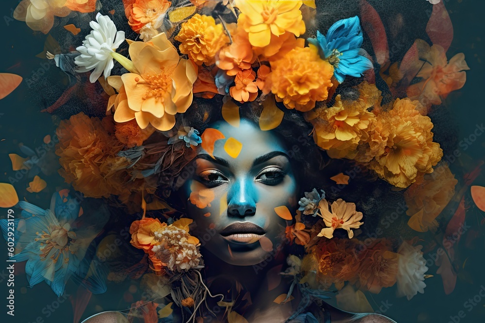 Digital illustration of a female portrait of an African American woman with colorful flowers. Generative AI