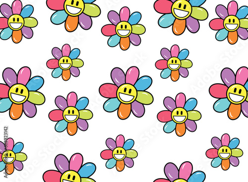 Seamless vector pattern with abstract groovy flowers colorful color. 70s, 80s floral background. Vintage texture for design and print