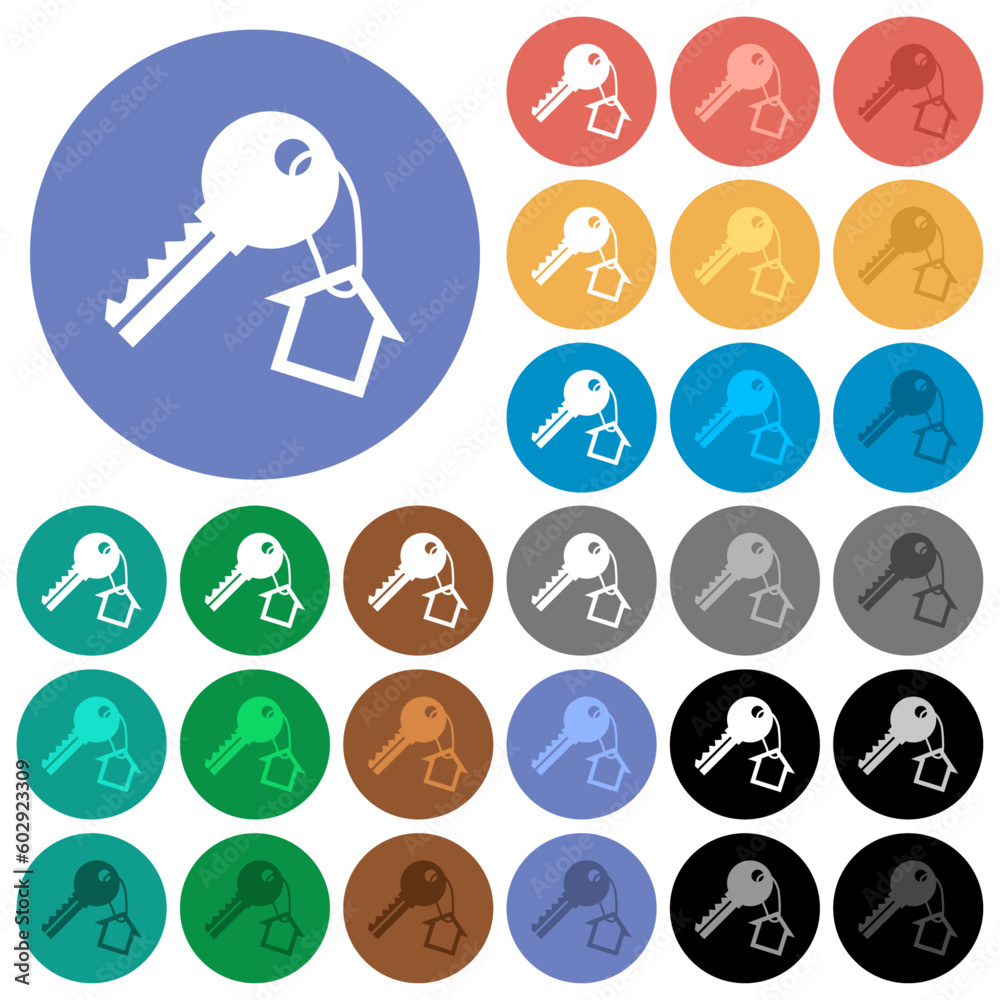 Key and small house on the key ring round flat multi colored icons Key and small house on the key ring round flat multi colored icons