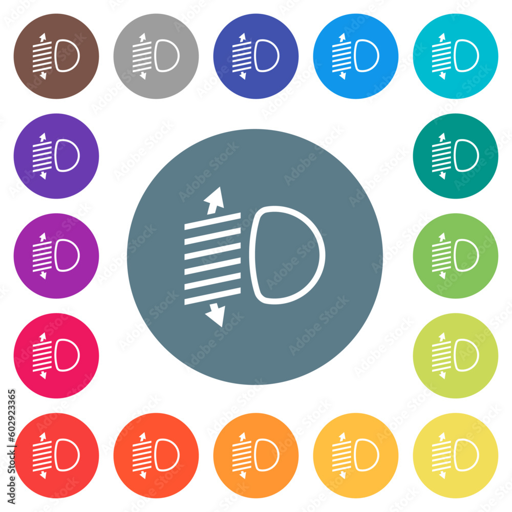 Headlight level adjustment outline flat white icons on round color backgrounds Headlight level adjustment outline flat white icons on round color backgrounds