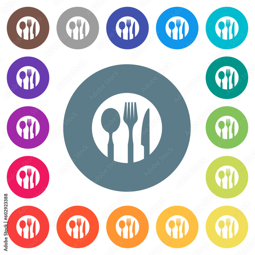 Tableware set solid flat white icons on round color backgrounds Tableware set solid flat white icons on round color backgrounds