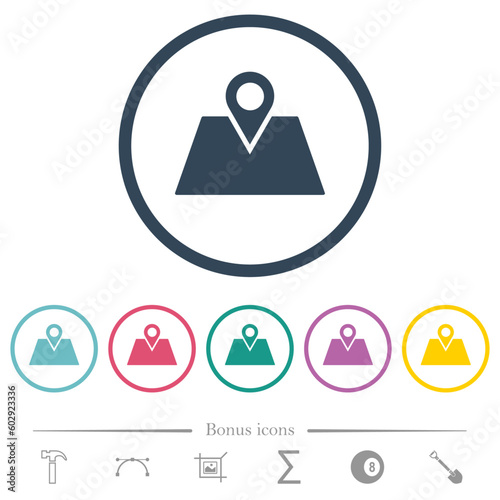 GPS route planning flat color icons in round outlines