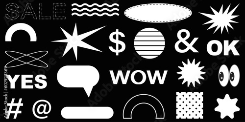 Shape set y2k style for banner. Y2k aesthetic.Shape set y2k style for decoaration.Shape set y2k style for poster. Trendy geometric forms.Trendy 90s.Simple shapes.